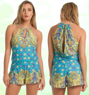 Trina Turk Turquesa Estampado Córcega Halter Jersey Corto Cubre Mameluco M Foto 1 de 4