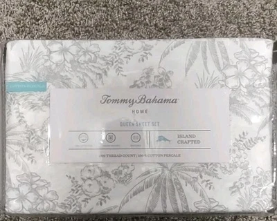 Tommy Bahama Sheet Set - Queen Bed PEN AND INK PALM GREY COTTON PERCALE GRAY - Image 1 of 4