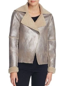 Velvet By Graham & Spencer Metallic Faux Shearling Lined Pea Coat Jacket M Tan - Picture 1 of 12