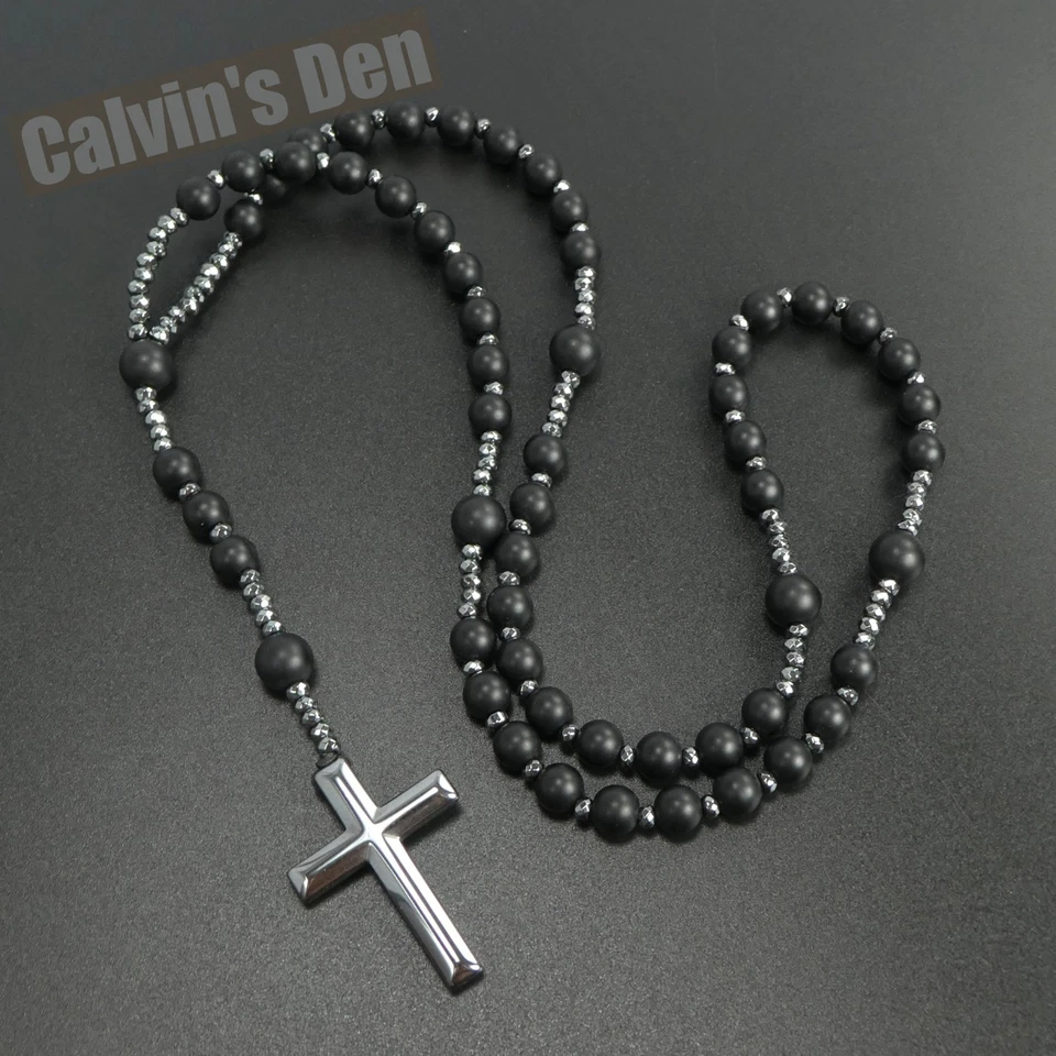 Collar Rosario Colgante Cruz Hematita Cuentas Ónix Negro Mate Grande Regalo Hombre Foto 1 de 4