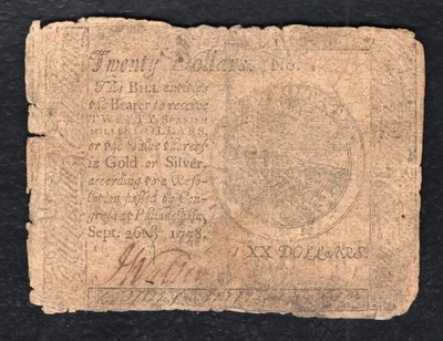 SEPTEMBER 26, 1778 $20 TWENTY DOLLARS CONTINENTAL CURRENCY NOTE - Image 1 of 2