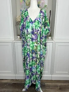 1970s Handmade Caftan Purple Green Lightweight One Size Muu Muu Vintage - Picture 1 of 7