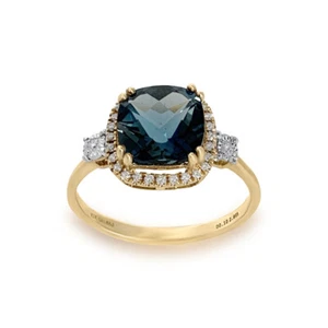 London Blue Topaz cushion cut and Diamonds 14K Yellow Gold Engagement Halo Ring - Picture 1 of 5