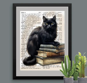 Black Cat On Stack of Books Printed on Vintage Dictionary Page Art Print - Picture 1 of 2