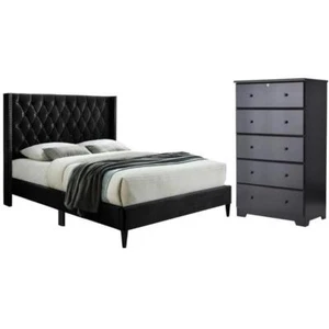 Home Square 2-Piece Set with Tufted Queen Bed & 5-Drawer Chest Dresser in Black - Picture 1 of 13
