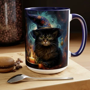 Taza de café bicolor 15 oz gato mago fantasía rodeado de estrellas centelleantes mágicas - Imagen 1 de 26