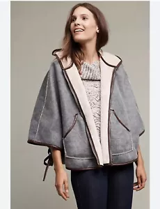 Anthropologie Reversible Hooded Sherpa Cape Zip Up Women's Poncho - Picture 1 of 11