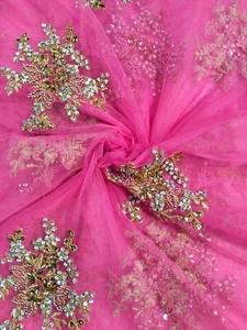 Pink Net Lace George Fabric With Gold And Silver Stone Beaded For Party Dress - Picture 1 of 2
