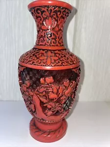 cinnabar vase Floral Carved Lacquer Asian Oriental  Black Red  7” See Photos - Picture 1 of 20