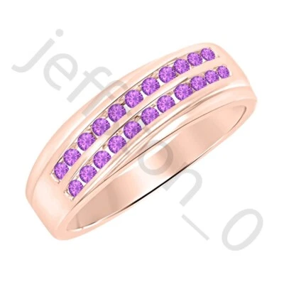 Anillo para hombre de oro rosa de 14 quilates de amatista creada en laboratorio de 0,90 quilates con banda de dos filas Foto 1 de 4