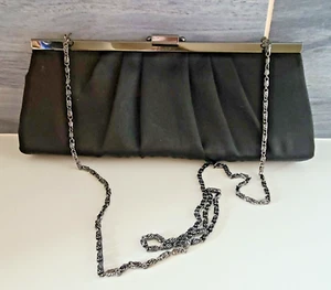 Jacqueline Ferrar Party Cocktail Black Satin Clutch Handbag w/ Metal Strap Clasp - Picture 1 of 7