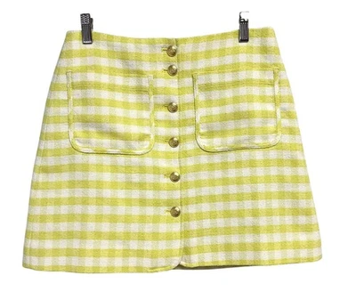 Falda J Crew para mujer 4 amarilla blanca con botones de guinga bolsillos delanteros forrados Foto 1 de 4