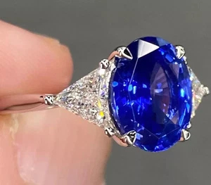 5.50 CT Oval Cut 950 Platinum Blue sapphire Lab Grown Diamond Engagement Ring - Picture 1 of 11