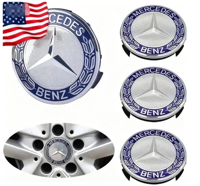 Set of 4 For Mercedes-Benz Wheel Center Caps Emblem Blue Rim Hub Cover Badges - Image 1 of 4
