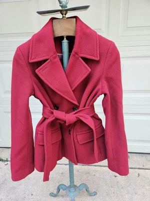 Abrigo Lands' End Pea para mujer L Petite lana cachemir doble pecho rojo con cinturón Foto 1 de 4