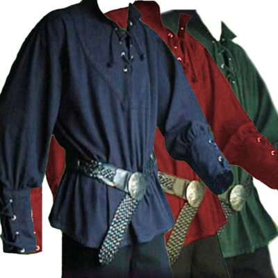 Medieval Renaissance Men Shirts Bandage Stand-up Collar Retro Knight Top Cosplay - Image 1 of 4