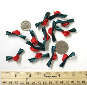 3/8" X 1 1/4" Red Ribbon Rose Trim Flower w/ Dark Green Leaves 100 Pc Bag - Picture 1 of 2