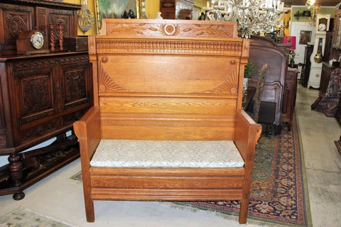 American Antique Oak Wooden Cushioned Entryway Bedroom Bench with Storage c.1880 Cover