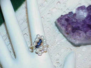 14K 10 Pearl 3 Marquise Blue Sapphire Diamond Ring Cocktail Yellow Gold Sz 6.25 - Picture 1 of 5