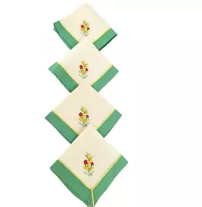 Vintage 4 bestickte Leinenservietten 10 x 10 quadratisch grün Bänder Blumen Retro - Bild 1 von 6