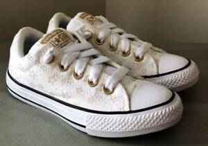 CONVERSE sz 12 Girls White Canvas Slip-On All Star Street Shoes Gold Stars