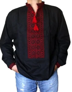 VYSHYVANKA Mens LINEN SHIRT Ukraine Embroidery Black Red Wedding Clothing S-4XL - Picture 1 of 6