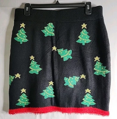 Holiday Knit Mini Skirt Large Black Gold & Green Christmas Trees Red Fuzzy Hem  - Image 1 of 4