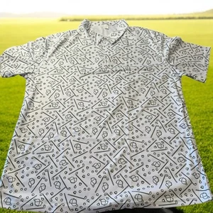 Golf Shirt Mens XL Polo Hawaiian Shirt White Golf Clubs Hat Ball Print Casual - Picture 1 of 13