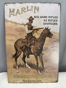 MARLIN BIG GAME RIFLES TIN SIGN 22 SHOTGUN FIRE ARMS COMPANY NEW HAVEN BIG HORN - Picture 1 of 3