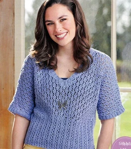 KNITTING PATTERN TOP 81-127cm LACY RIBBED SHORT-SLEEVED V-NECK DK SKM M8A - Picture 1 of 1