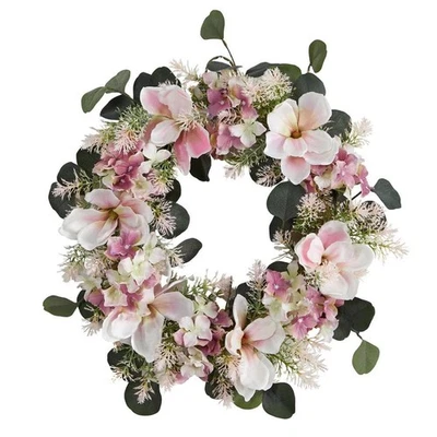 Nearly Natural Artificial Wreath 20"Dia Hydrangea Magnolia Pink Silk Flowers - Image 1 of 4