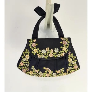 Bolso de mano vintage de cuero con cuentas florales cosido negro para mujer - Imagen 1 de 15
