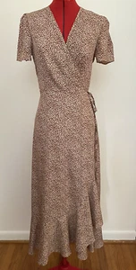 PRETTY GARDEN DRESS~S~BROWNS TAN~LEOPARD PRINT~WRAP~MAXI BOHO RUFFLED HEM~SPLIT - Picture 1 of 10