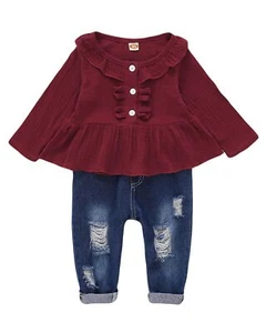 18 Months Girl Clothes Toddler Baby Girl Outfits Ruffle Long Sleeve Top Ripped - Picture 1 of 7