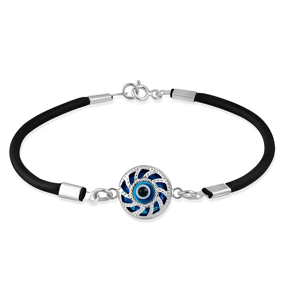 925 Sterling Silver Black Rubber Blue Glass Evil Eye Protection Bracelet - Image 1 of 3