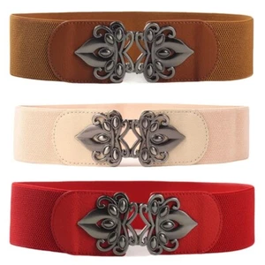 Women Metal Flower Clasp Buckle Waistband Solid Stretch Belt Faux Leather Corset - Picture 1 of 10