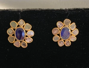 Polki Diamond Flower Stud Earrings Blue Stone Center Gold Plated over Sterling - Picture 1 of 8
