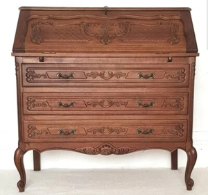 Vintage French Carved Golden Oak Bureau, Louis Philippe, Antique Secretaire. - Picture 1 of 15