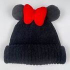 Disney Minnie Mouse Black Beanie Pom Pom Ears Red Bow Girls Ribbed Winter Cap