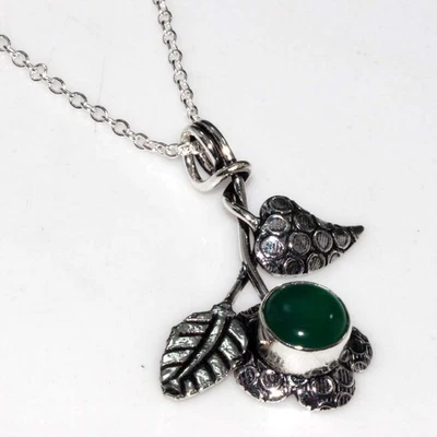 叶子圆形绿玛瑙 925 镀银项链 17 英寸情人节礼物珠宝首饰 GW — 第 1/3 张图片