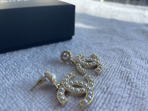 Authentic CHANEL Large CC Logo Pearls Earrings Gold Drop Dangle
