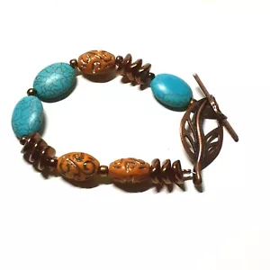 Bracelet Bronze Faux Turquoise Orange Textured Swirl Beads and Leaf Toggle Clasp - Picture 1 of 4