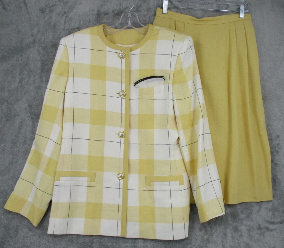 Kasper ASL Falda Traje Mujer 10 Lino Blazer Carrera Preppy Cuadros Perla Botón Foto 1 de 4