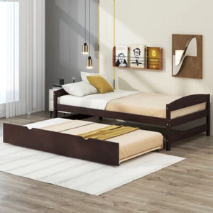 Twin Size Platform Bed Wooden Bed Frame with Twin Size Trundle,Saving Space,US - Picture 1 of 23