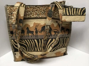 Womens handbag tote brown black safari animals zip top double strap Jade H14 - Picture 1 of 10