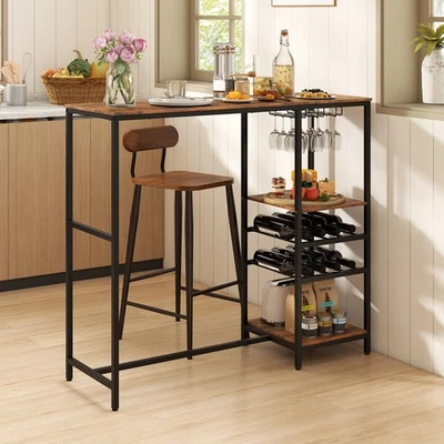 Brown Bar Table 121cm Counter Breakfast Dining High Tables with Shelves - Image 1 of 4