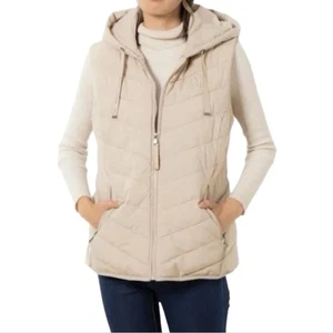Ralph Lauren RL Puffer Vest Hooded Beige Quilted Zip Front Sleeveless Women - Picture 1 of 12