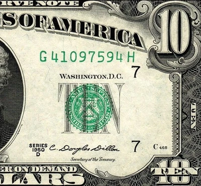 1950d $10 FEDERAL RESERVE NOTE CHICAGO DISTRICT UNCIRCULATED G41097594H - Image 1 of 4