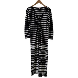 Calypso St. Barth Navy Striped 100% Linen Maxi Dress Size M Medium Lace Up - Picture 1 of 17