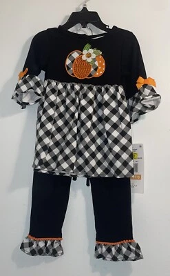 Rare Editions Outfit Girls 3T Pumpkin Black White Check Thanksgiving Top Pants - Image 1 of 4